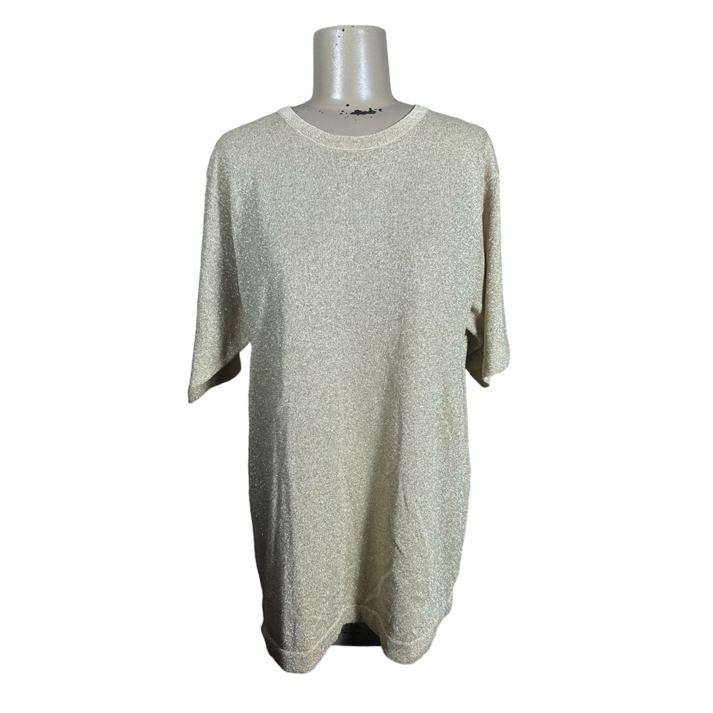 LISA Originals Gold Metallic Knit Short Sleeve Sweater Blouse Top Sz M